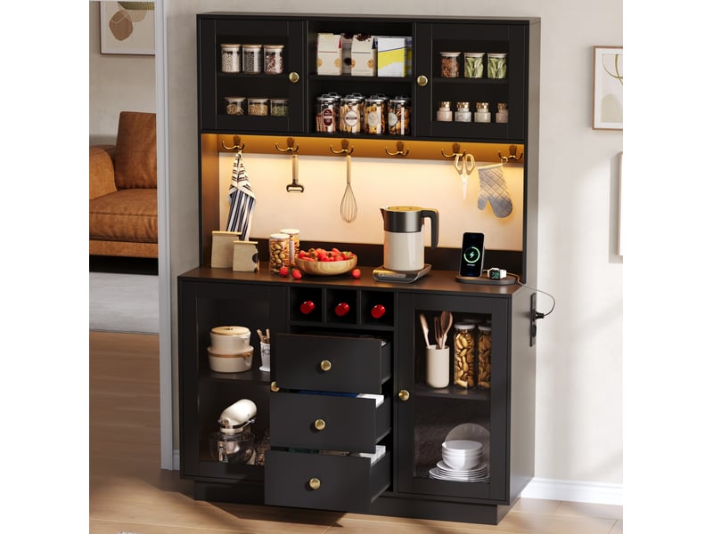  Buffet de cuisine haut avec 4 portes, 3 tiroirs, led rgb et prises pour cuisine en mdf noir 120 × 40 × 170 cm  - Conforama D