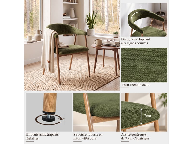 Chaises de salle à manger lot de 4 rembourrée en chenille, pieds en métal effet bois, vert - Conforama E