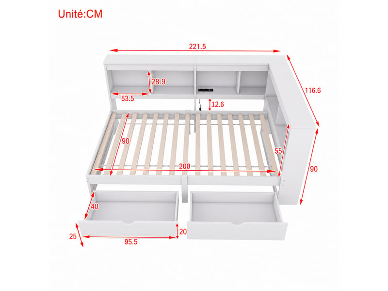  Lit banquette avec deux tiroirs, prise et deux ports usb, compartiments latéraux, en panneau de particules et mdf, blanc  - Conforama D