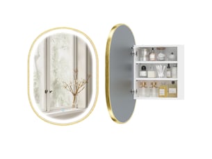 Meuble de salle de bain avec miroir et éclairage led tricolore, meuble ovale mural avec fonction mémoire et traitement antibuée, doré