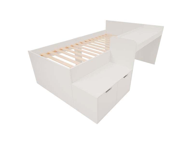  Lit simple enfant 90x200 cm – blanc – bureau intégré, 2 tiroirs et rangement sous le lit – sans matelas  - Conforama D