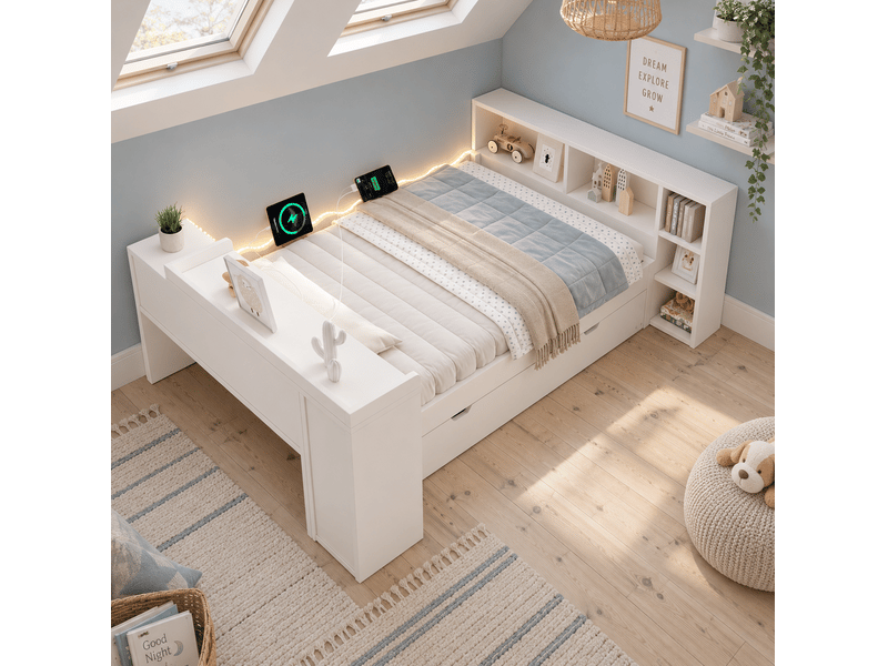 Lit simple 90x200 cm avec lit gigogne 90x190 cm, led et bureau, coloris blanc - Conforama D
