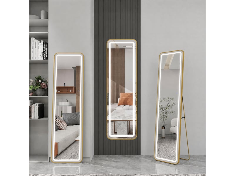  Miroir led pleine longueur 150x40 cm,miroir mural, éclairage 3 couleurs ,verre trempé, cadre aluminium doré  - Conforama W