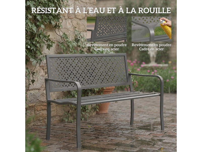 Banc d'extérieur en métal, 2 places, avec dossier géométrique antirouille et accoudoirs, gris foncé - Conforama E