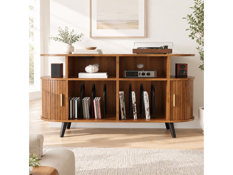 Buffet et enfilade hi-fi avec 2 portes coulissantes, niches et range-disques, station de charge, en mdf noyer - Conforama B