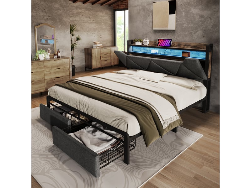  Lit coffre 160x200 - lit double avec rangement intégré et éclairage led - lin - matelas inclus - gris  - Conforama D