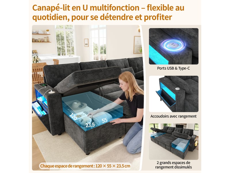  Canapé d'angle convertible 4 places 273x131x83 cm en chenille avec 2 méridiennes coffre, rangement, led, usb type-c - gris  - Conforama E