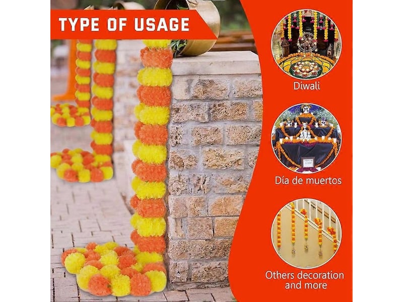 Guirlande de 5 œillets d'inde décoratifs, 1,5 m d'œillets d'inde artificiels, décorations de diwali pour la maison, fleurs orange. - Conforama B