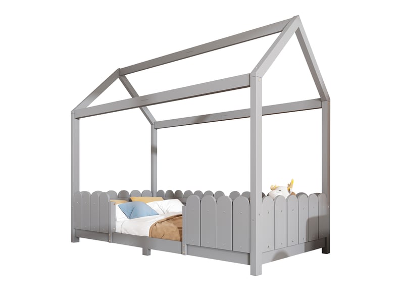 Lit cabane enfant 90x200 cm, garde-corps et sommier, design minimaliste, bois gris, sans matelas - Conforama A