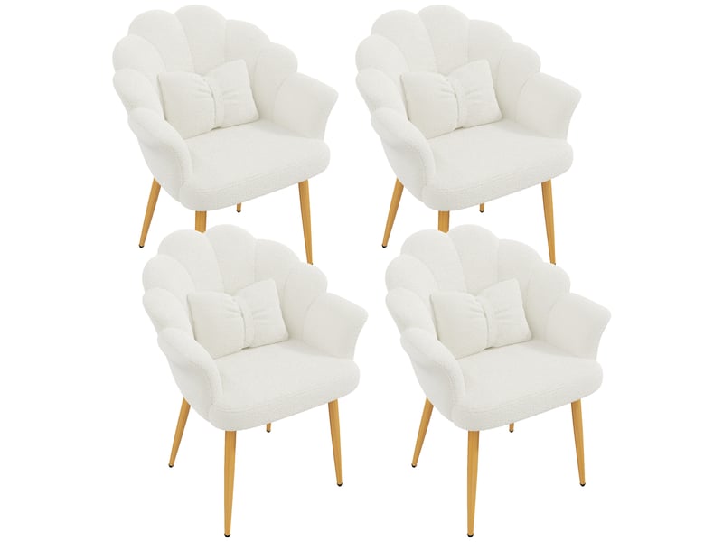  Lot de 4 fauteuils de salle à manger 64x65,5x85 cm avec dossier en forme de pétales, pieds en métal doré, blanc  - Conforama A