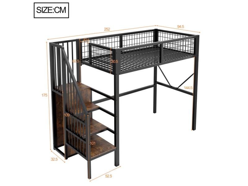Lit mezzanine 90x200 cm en métal avec échelle de rangement, éclairage led, garde-corps sécurisé et espace bureau ou canapé sous le lit - noir - Conforama C