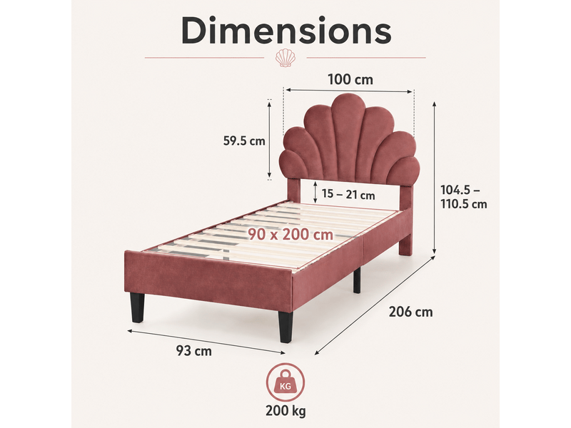 Lit simple enfant 90x200 avec sommier à lattes en bois - lit fille avec tête de lit réglable en forme de fleur - velours doux, rouge - Conforama R