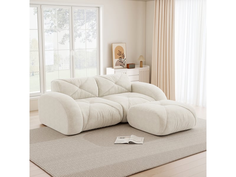  Canapé modulaire 2 places avec pouf, assise en mousse haute densité et tissu chenille beige clair  - Conforama B
