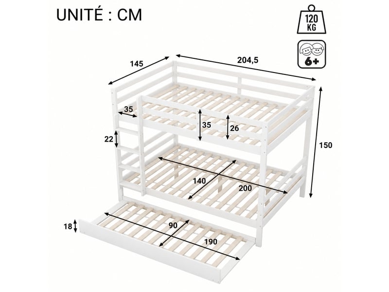  Lit superposé blanc 140 x 200 cm avec lit gigogne, structure en pin et mdf, barrières hautes pour chambre enfant  - Conforama C