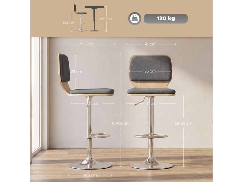  Lot de 2 tabourets de bar chaises de bar réglable en hauteur dossier repose-pieds pivotant 360° 41x47,5x81-102cm gris  - Conforama E