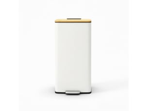 Poubelle de cuisine 20 l blanche en métal avec couvercle en bambou, pédale et fermeture douce, seau amovible