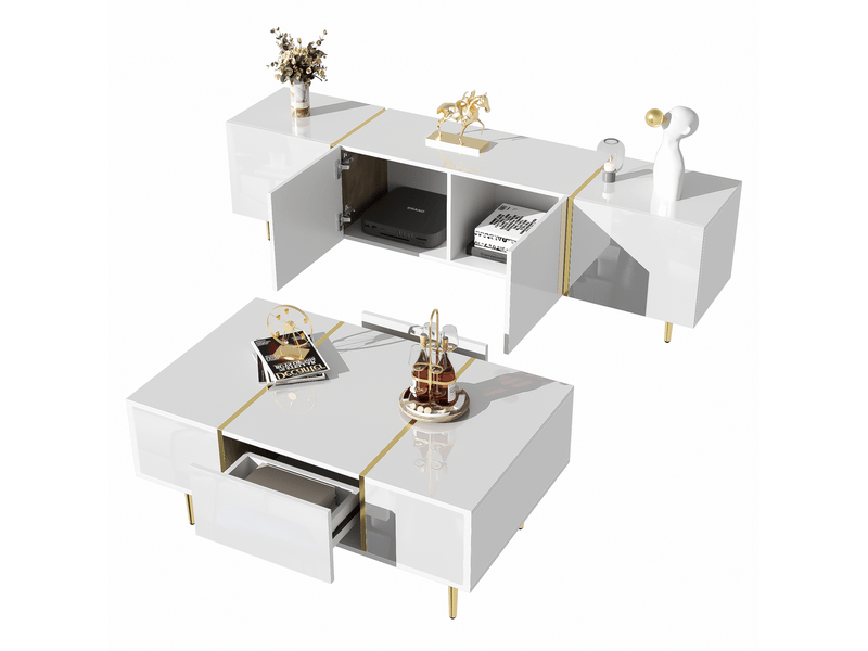  Meuble tv design moderne brillant blanc avec table basse incluse meuble tv contemporain  - Conforama A
