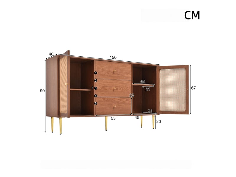 Commode à 3 tiroirs et 2 portes, 150 x 40 x 90 cm, portes en cannage de rotin et pieds dorés, effet noyer  - Conforama C