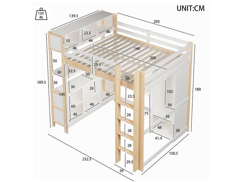  Lit mezzanine enfant 1 place 140×200 cm avec bureau, étagères et armoire - okmyhome- en pin, sans matelas, naturel  - Conforama D