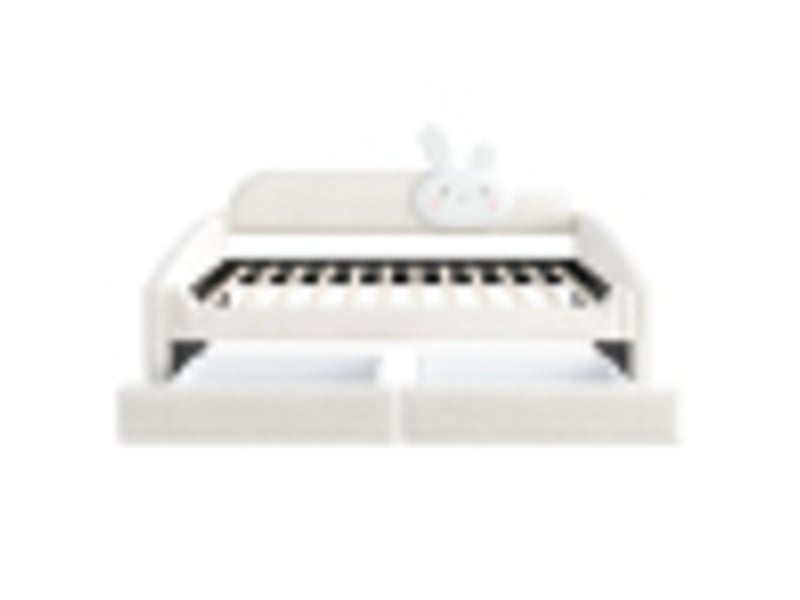 Lit banquette enfant 90 × 200 cm, 2 tiroirs, coussin lapin, côtés rembourrés, led, sommier à lattes, velours beige  - Conforama A