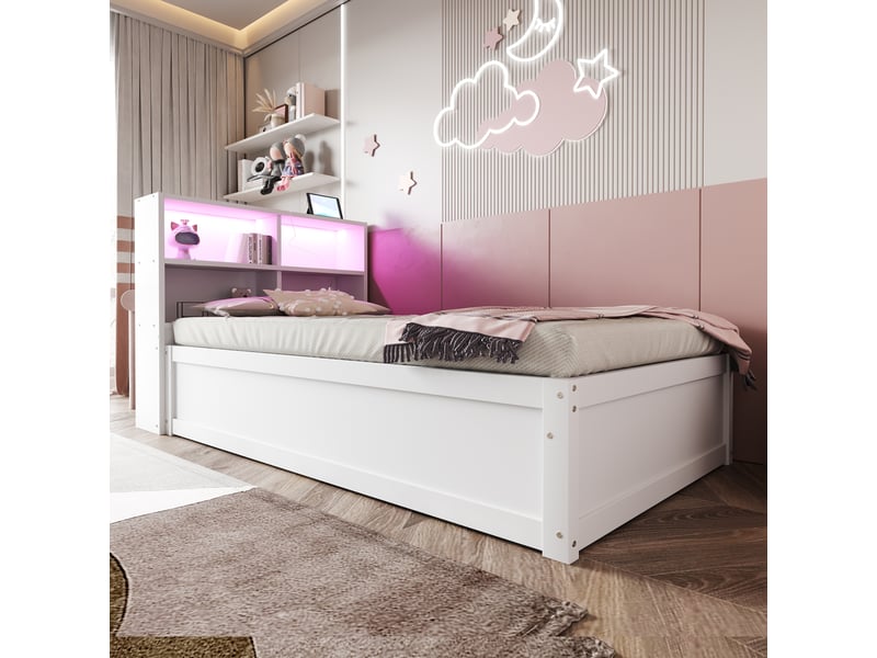  Lit banquette en bois massif 90*200 cm blanc, prise multiple, 4 rangements, led et hydraulique  - Conforama C