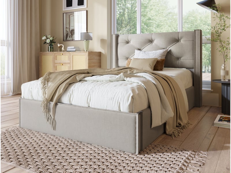  Lit capitonné,90x200 cm,avec coffre et matelas,coton,gris clair  - Conforama B