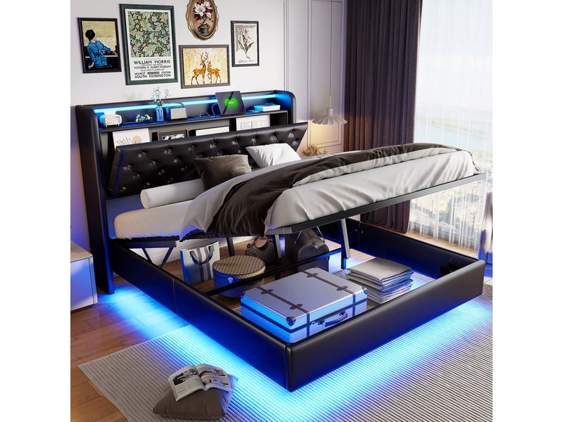  Lit coffre 140x200cm - lit double 140x200 - rembourré simili cuir avec éclairage led rgb, usbtype-c &amp; tête capitonnée - noir  - Conforama C