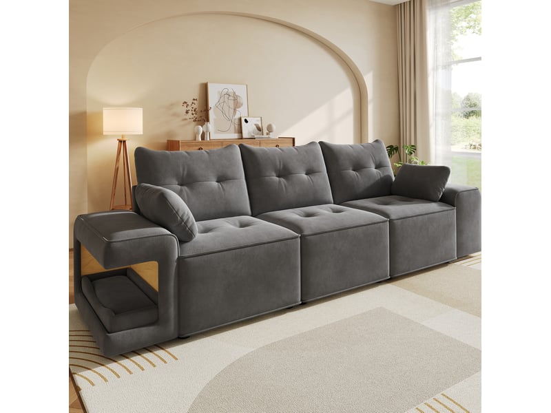 Canapé modulaire 3 places 229,5 x 78 cm – gris – velours, rangements intégrés et niches - Conforama B