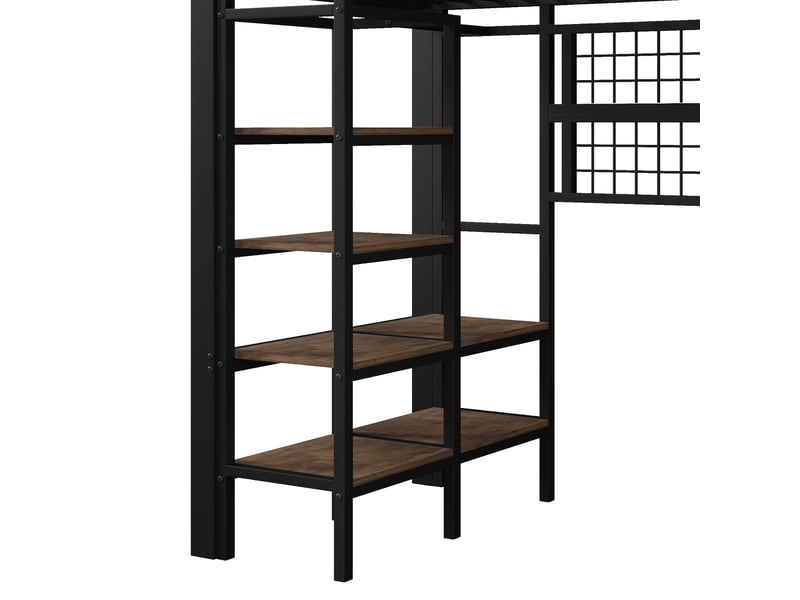 Lit mezzanine 90 × 200 cm, étagères, tringle à vêtements, grille de rangement, led, métal et mdf, sommier à lattes, noir  - Conforama E