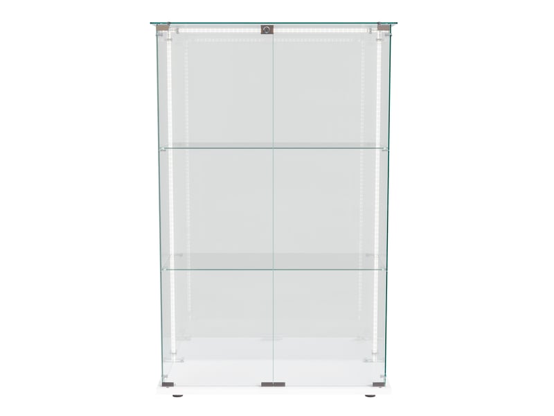  Vitrine en verre 3 niveaux double porte - blanc - 78,5 x 35 x 123,5 cm - armoire d'exposition avec ruban led et base blanche  - Conforama A