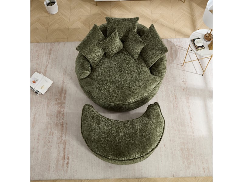  Canapé lounge xxl 1 place 190,5x138x63 cm, chaise longue ronde en polyester, assise profonde en mousse haute densité, coussins, sans montage, vert  - Conforama E