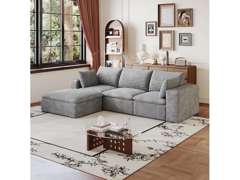Canapé modulaire 4 places avec méridienne, coussins amovibles et assise en mousse, velours côtelé gris foncé - Conforama B