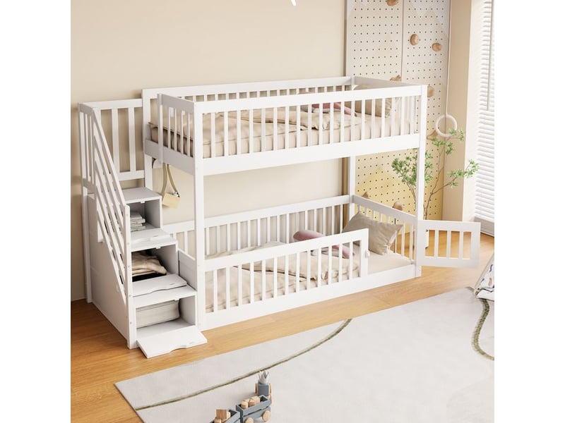  Lit superposé enfant - dimensions 90x200 cm - bois massif - blanc - escalier avec tiroirs intégrés - grille de sécurité 253x91x130cm - Conforama C