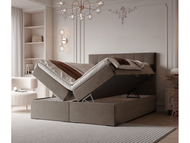 Lit adulte imperial - 160x200 cm - matelas ressorts + surmatelas - coffre de rangement - velours dense hydrofuge marron clair IMPERIAL - Conforama C