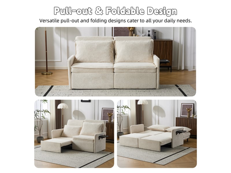 Canapé dossier réglable 5 positions, rangement et ports usb type-c, chenille beige  - Conforama D