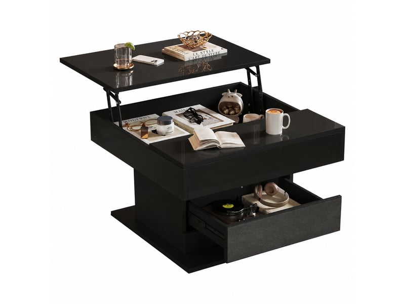  Table basse carrée noire relevable 70 x 70 cm, plateau rotatif 360°, rangement caché, noir  - Conforama A