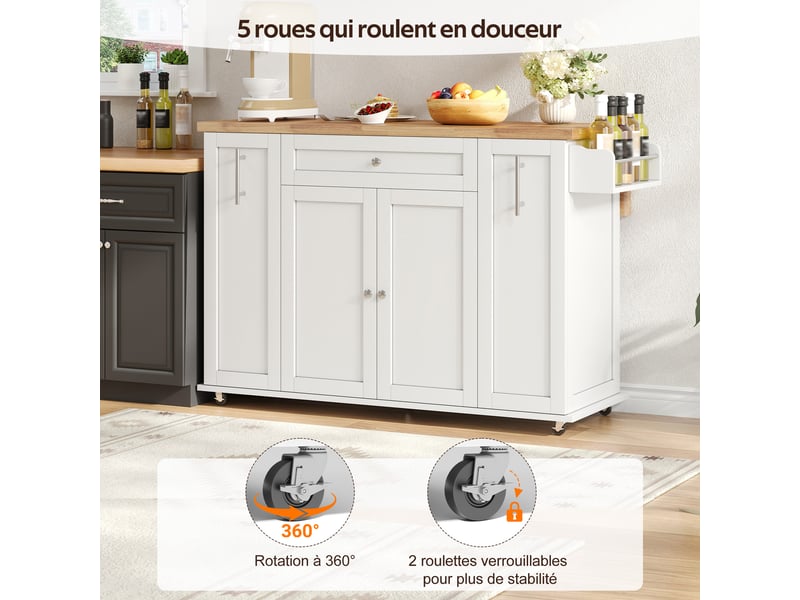 Îlot de cuisine roulant extensible 120 x 4570 x 89 cm avec plateau rabattable, rangement + 3 tiroirs, mdf, blanc et bois - Conforama D