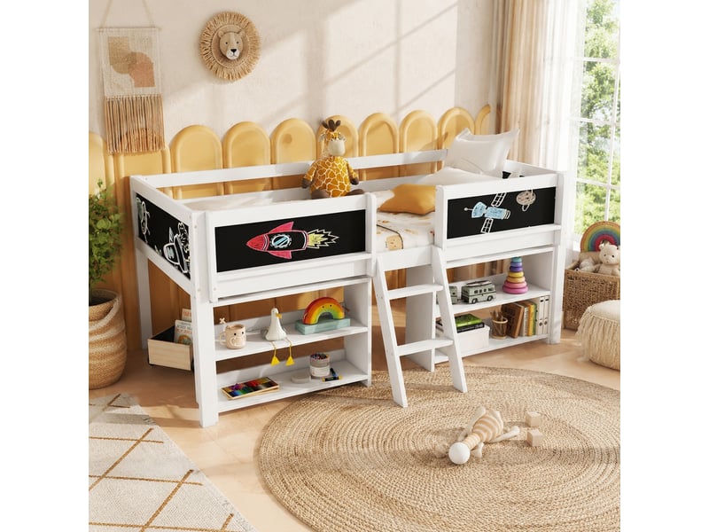 Lit mi-hauteur enfant 90 x 200 cm blanc avec rangements, échelle, garde-corps et tableau à dessin - Conforama B