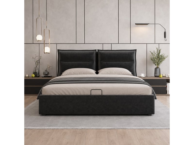  Lit coffre tcqpz 140 x 200 cm velours noir tête de lit réglable cadre métal sans matelas  - Conforama E