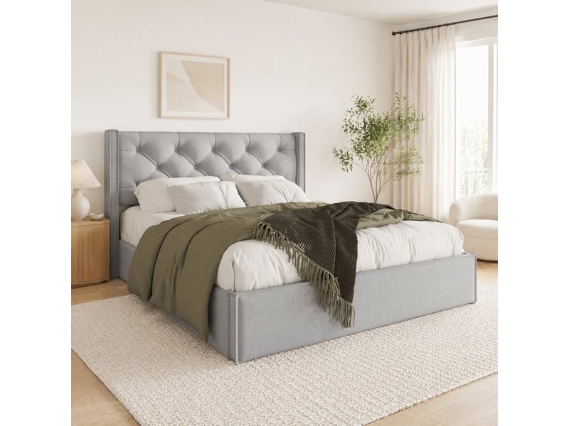  Lit coffre capitonné 140x200 cm en coton gris clair  - Conforama C