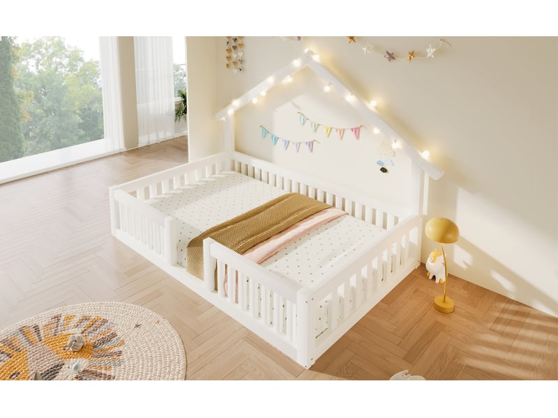 Lit cabane 90x200 cm, structure en bois, coloris blanc, éclairage led, ports usb et usb-c, garde-corps, design cabane, gain de place optimisé - Conforama E