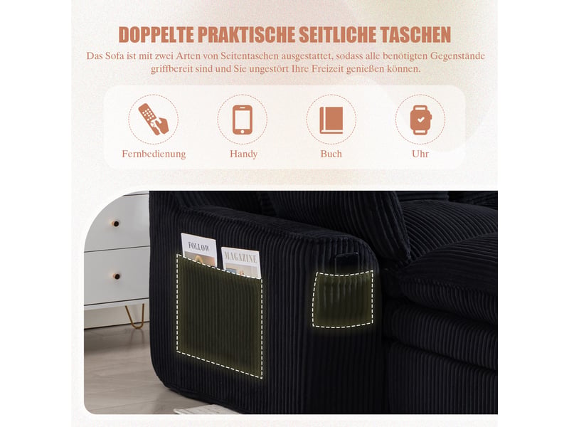  Canapé modulable 4 places en velours côtelé noir avec 2 poufs, coussins et poches latérales  - Conforama E