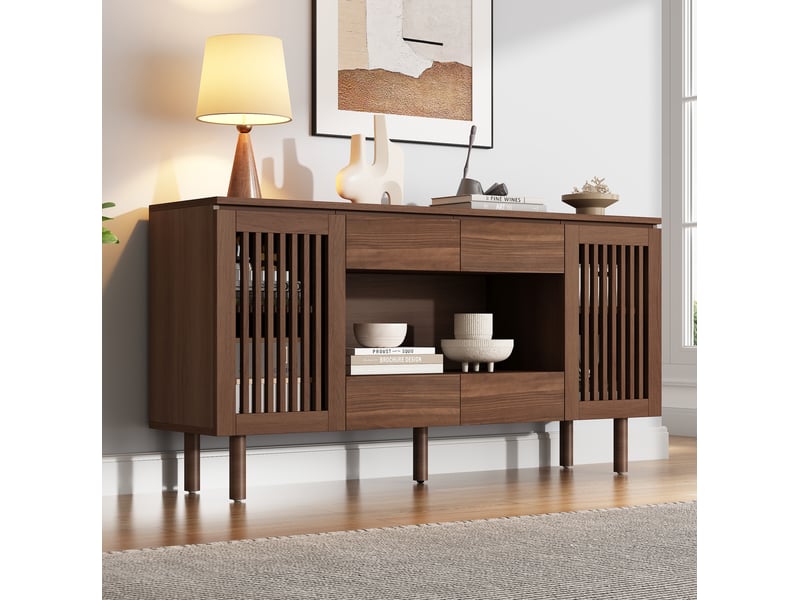  Buffet 140x35x71 cm effet noyer avec 4 tiroirs et 2 portes persiennes  - Conforama B
