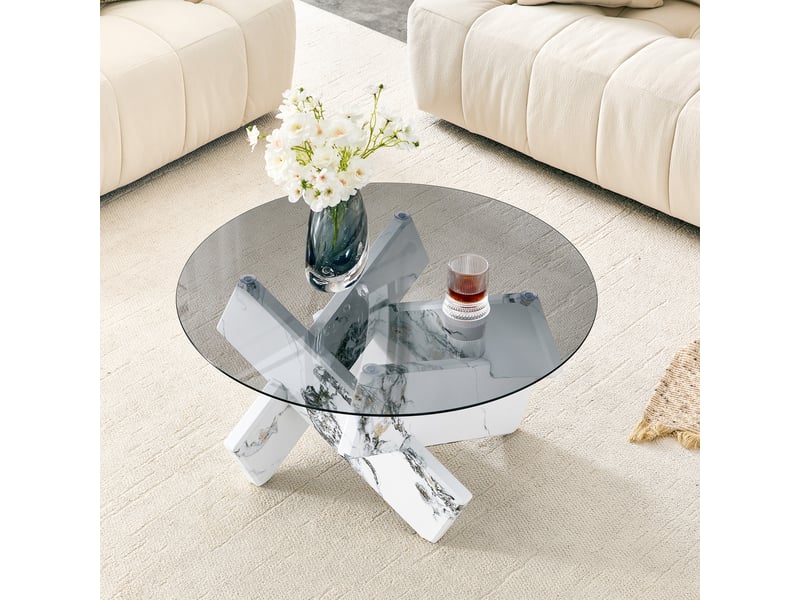 Table basse ronde en verre trempé, socle mdf blanc effet marbre, ø 79 x h 45 cm - Conforama B