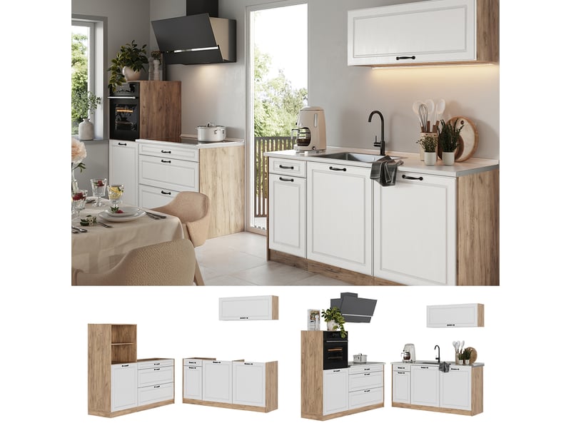  Vicco cuisine, blanc campagnechêne doré, 160cm plan de travail chêne doré  - Conforama D