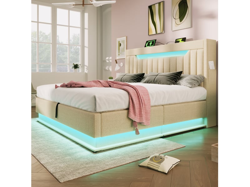  Lit double 140x190 cm avec rangement, éclairage led, lin, beige sans matelas  - Conforama E