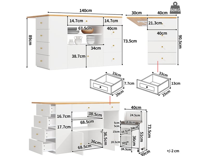 Îlot de cuisine avec 6 tiroirs, 2 niches ouvertes, placard et tabouret à roulettes pour cuisine en blanc  - Conforama C