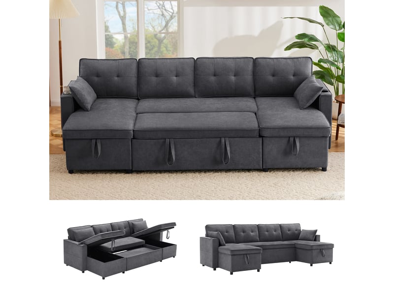 Canapé convertible en u 4 places tissu aspect lin gris avec coffre intégré et porte-gobelets - Conforama B