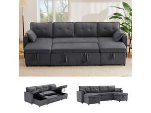 Canapé convertible en u 4 places tissu aspect lin gris avec coffre intégré et porte-gobelets