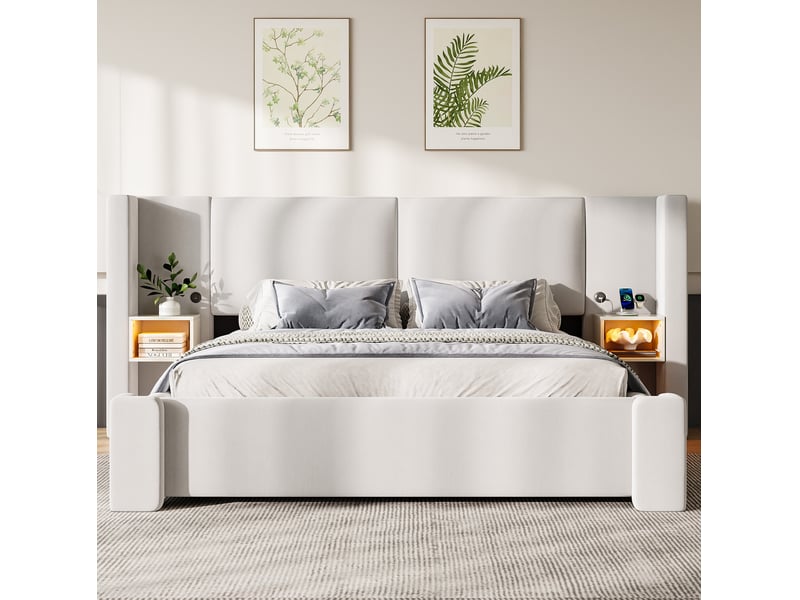 Lit coffre tcqpz 180 x 200 cm avec éclairage led et rangements latéraux en lin beige  - Conforama D